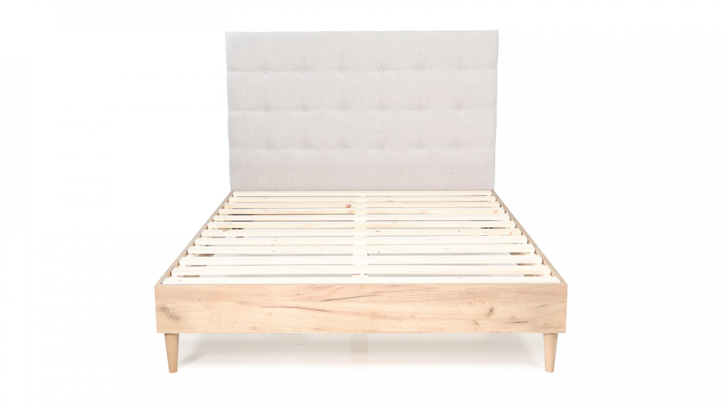 Lit adulte 140x190 cm en bois naturel avec sommier et tête de lit en tissu gris clair - Nico