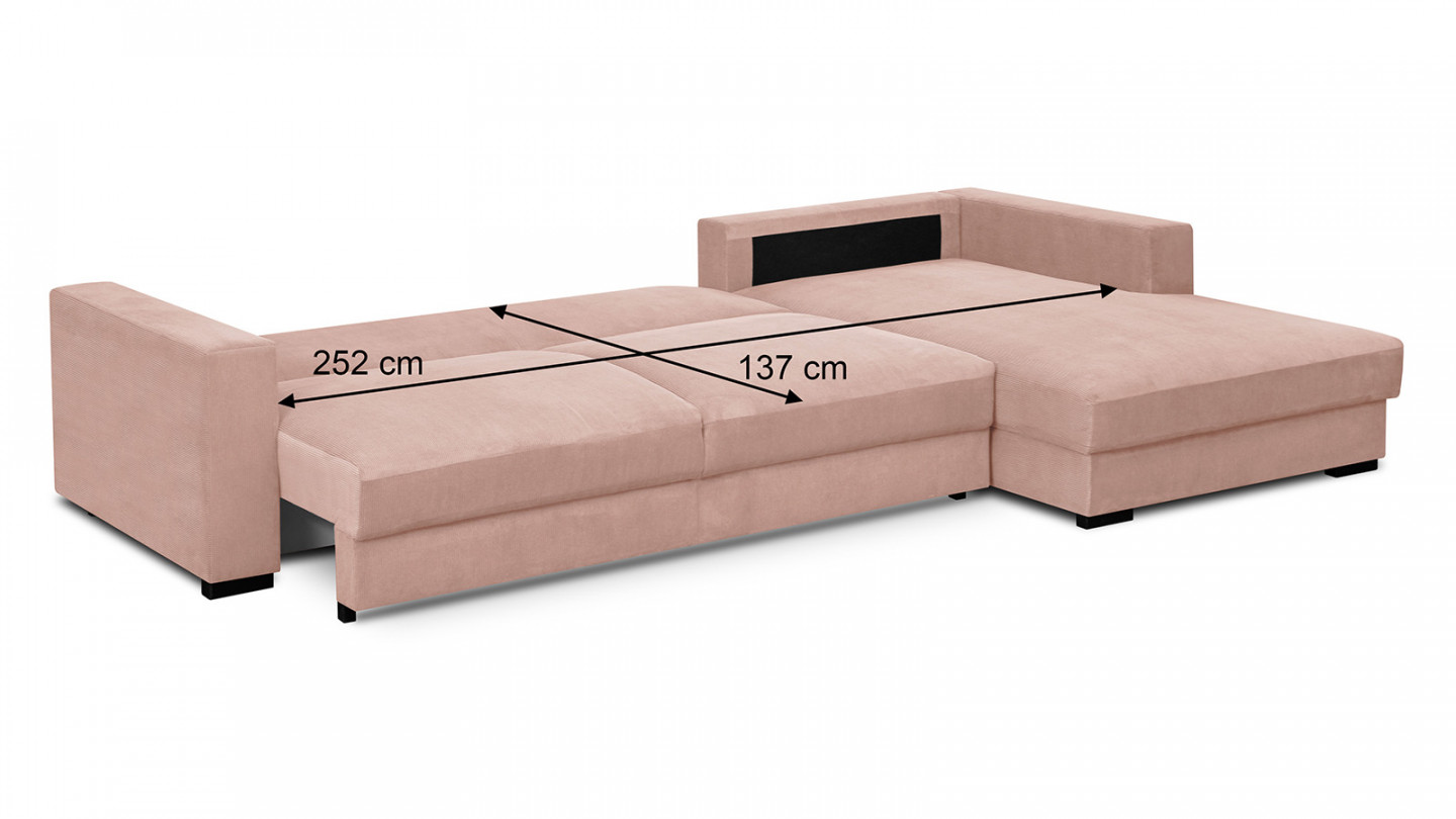 Canapé d'angle à droite convertible 5 places en velours côtelé rose pâle avec coffre de rangement - Robin