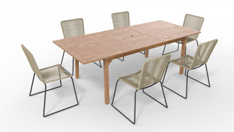 Ensemble table de jardin 8 personnes en bois d'eucalyptus Lyam + 6 chaises acier galvanisé et corde naturel Erin