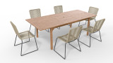 Ensemble table de jardin extensible 8 personnes en bois d'eucalyptus Lyam + 6 chaises acier galvanisé et corde naturel Erin