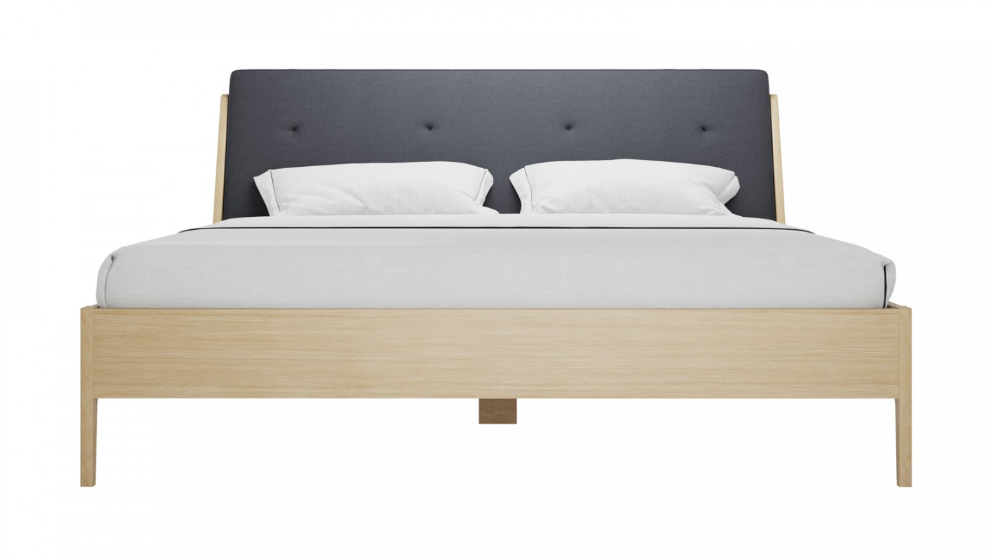 Lit double 160x200cm en placage chêne avec tête de lit en tissu gris - Nova