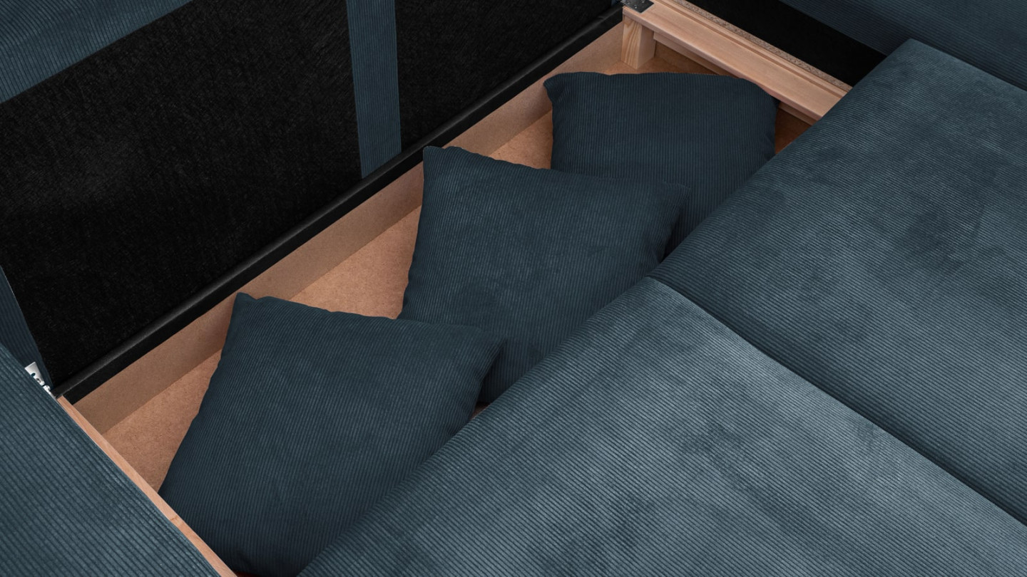 Canapé d'angle à droite convertible 4 places en velours côtelé bleu foncé - Marceau