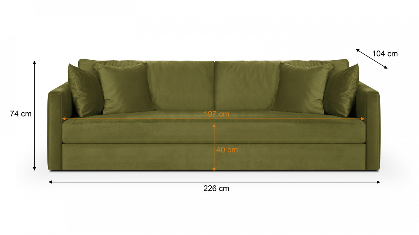 Canapé 3 places velours vert olive + 4 coussins - Collection Denver