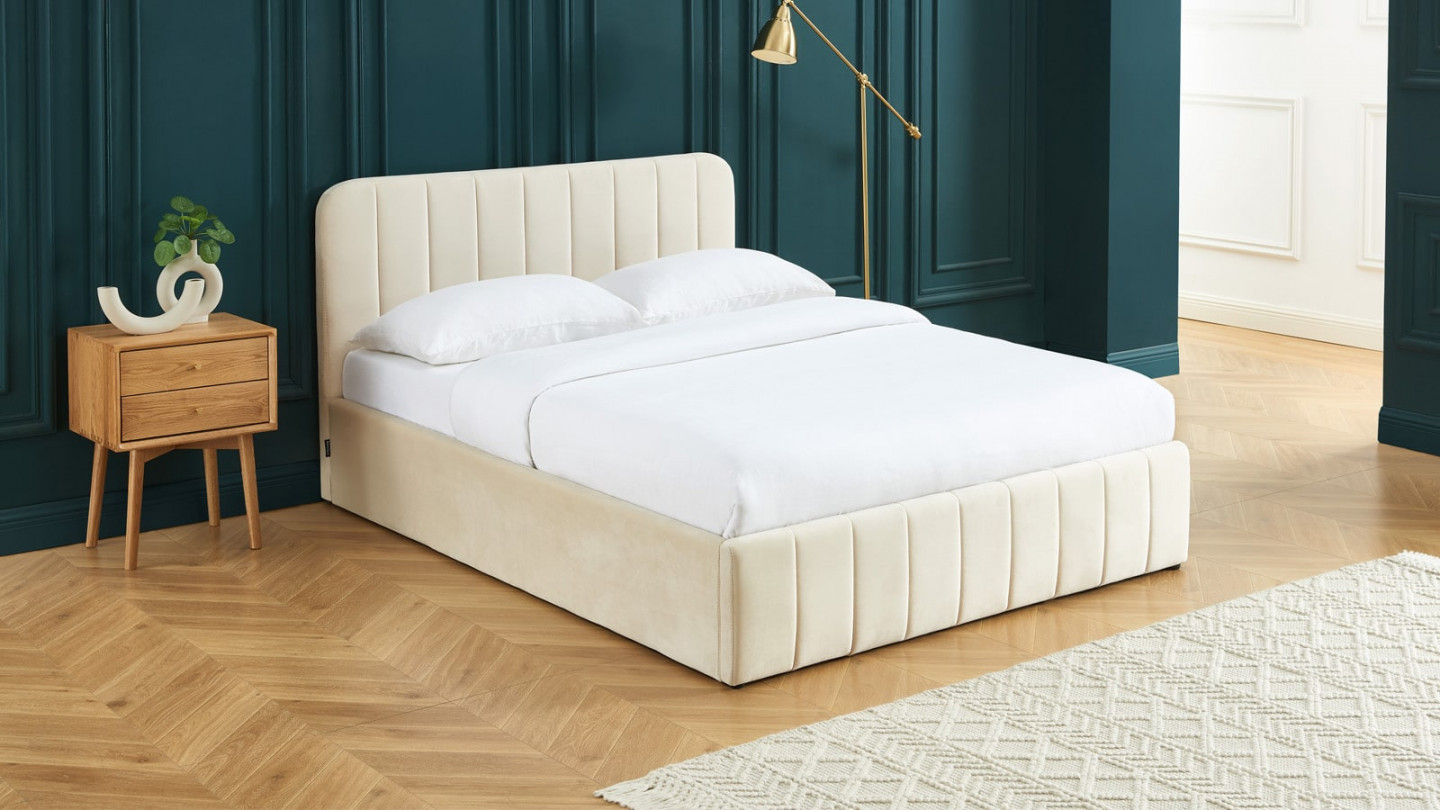 HOMIFAB Lit coffre 140x190 en velours beige avec tête de lit + sommier à  lattes - Ava