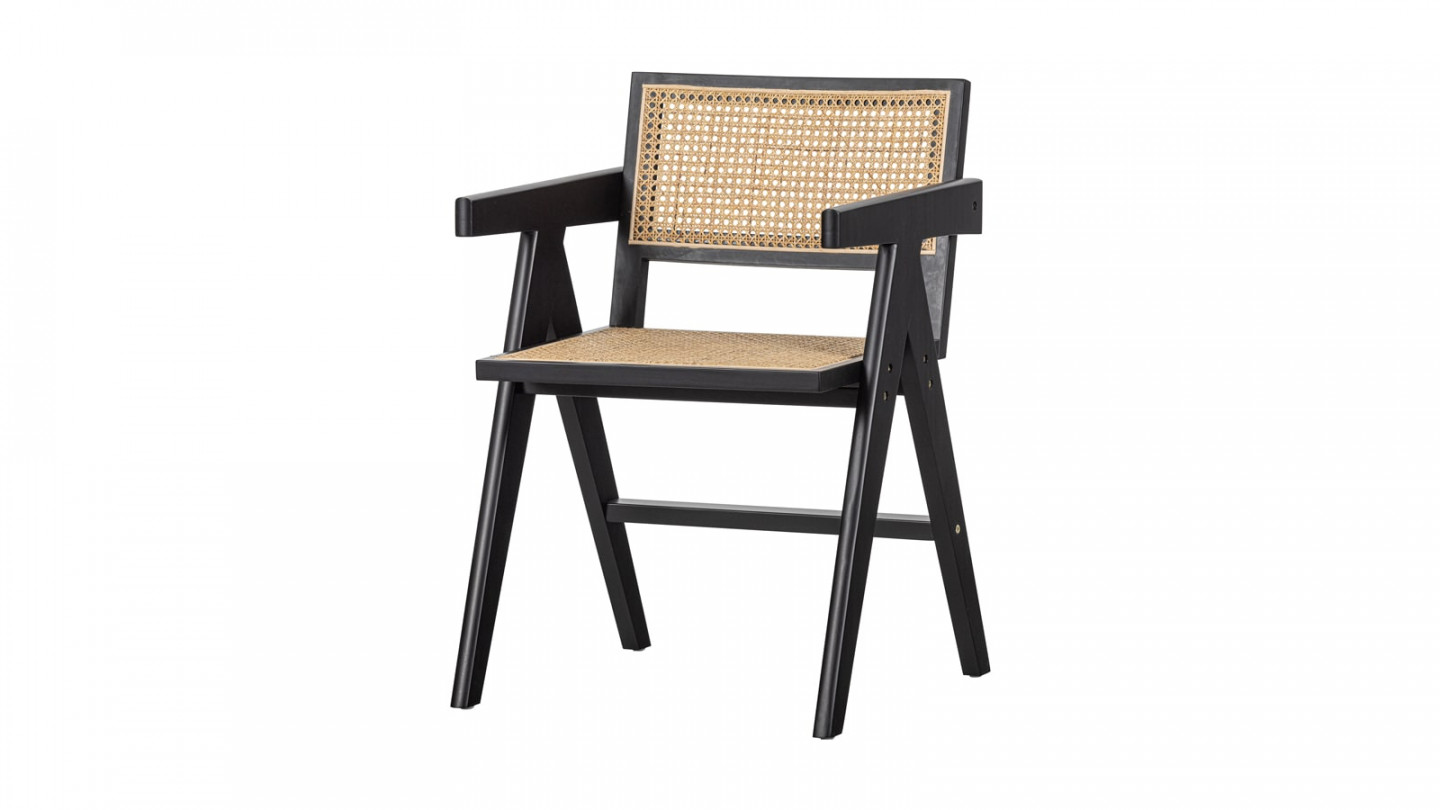 Chaise en bois noir et cannage avec accoudoir