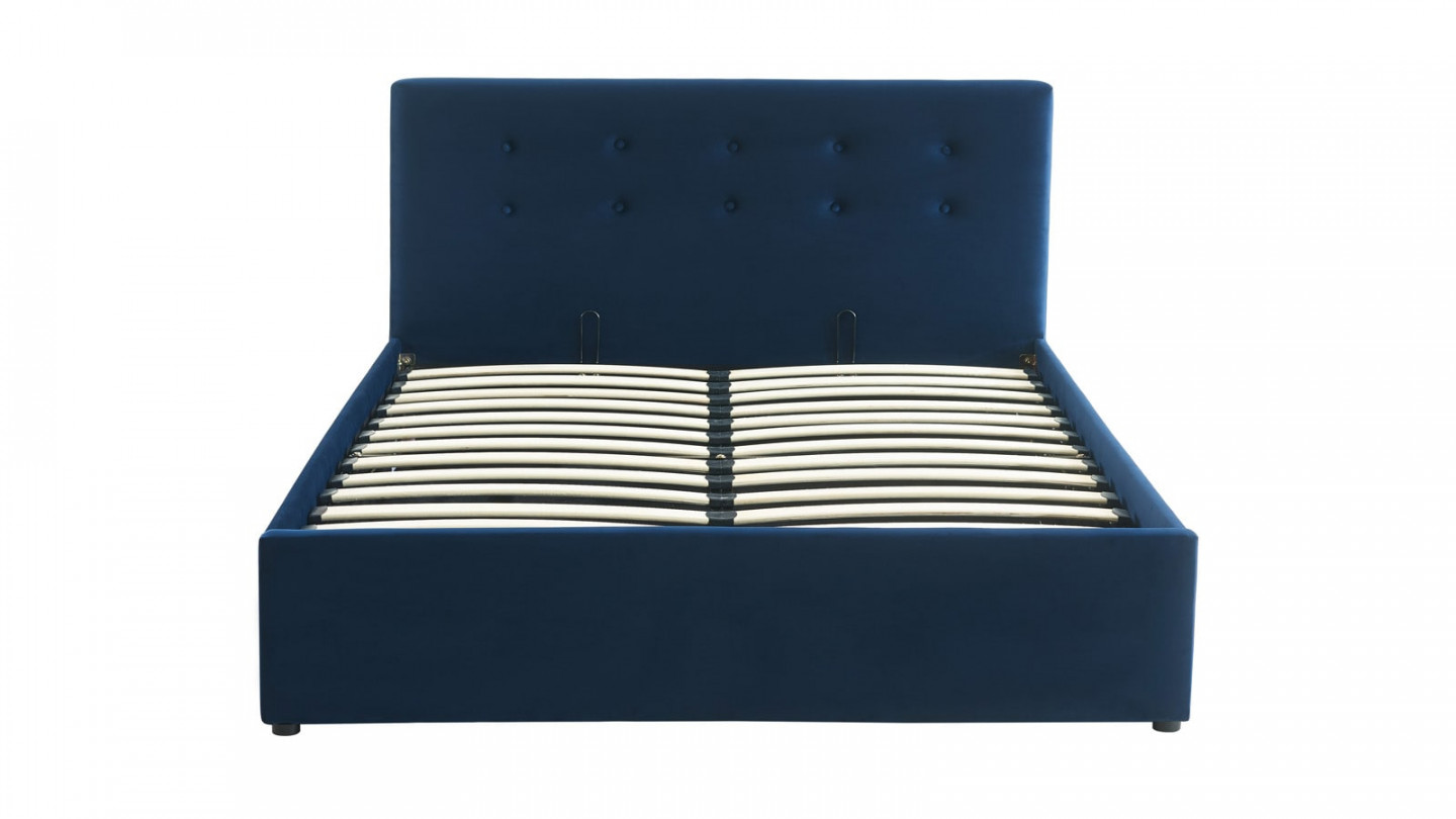 Lit coffre 140x190 en velours bleu foncé avec tête de lit et sommier à lattes - Tina