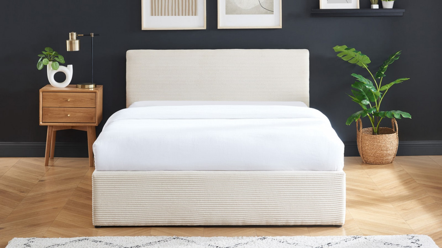  Lit coffre 160x200 en velours côtelé beige avec tête de lit et sommier à lattes - Tina