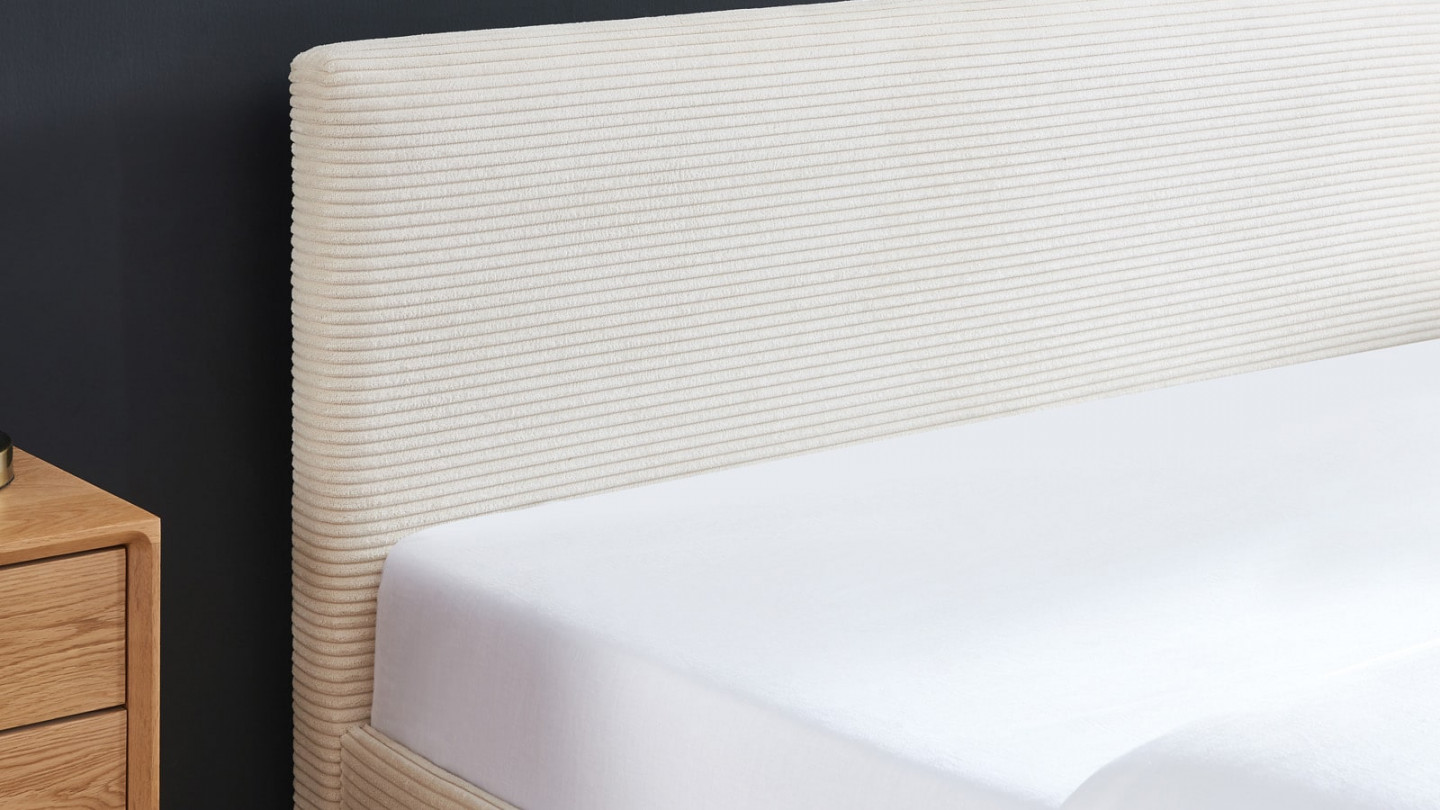  Lit coffre 160x200 en velours côtelé beige avec tête de lit et sommier à lattes - Tina