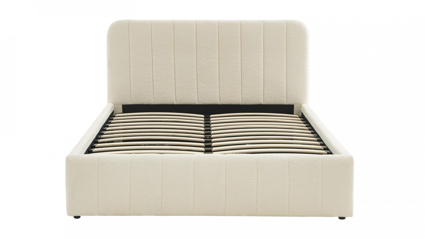 Lit coffre 160x200 en tissu bouclé beige avec tête de lit + sommier à lattes - Ava