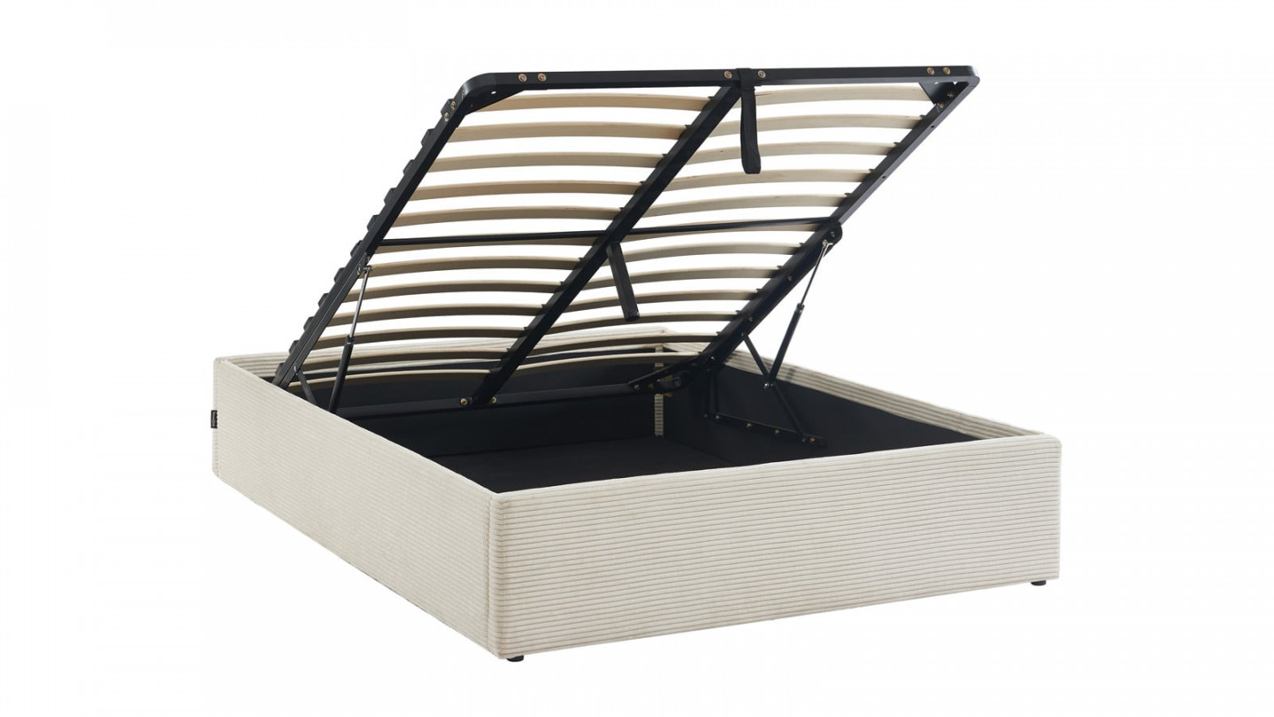 HOMIFAB Lit coffre 160x200cm en velours côtelé beige + sommier à lattes - Handy