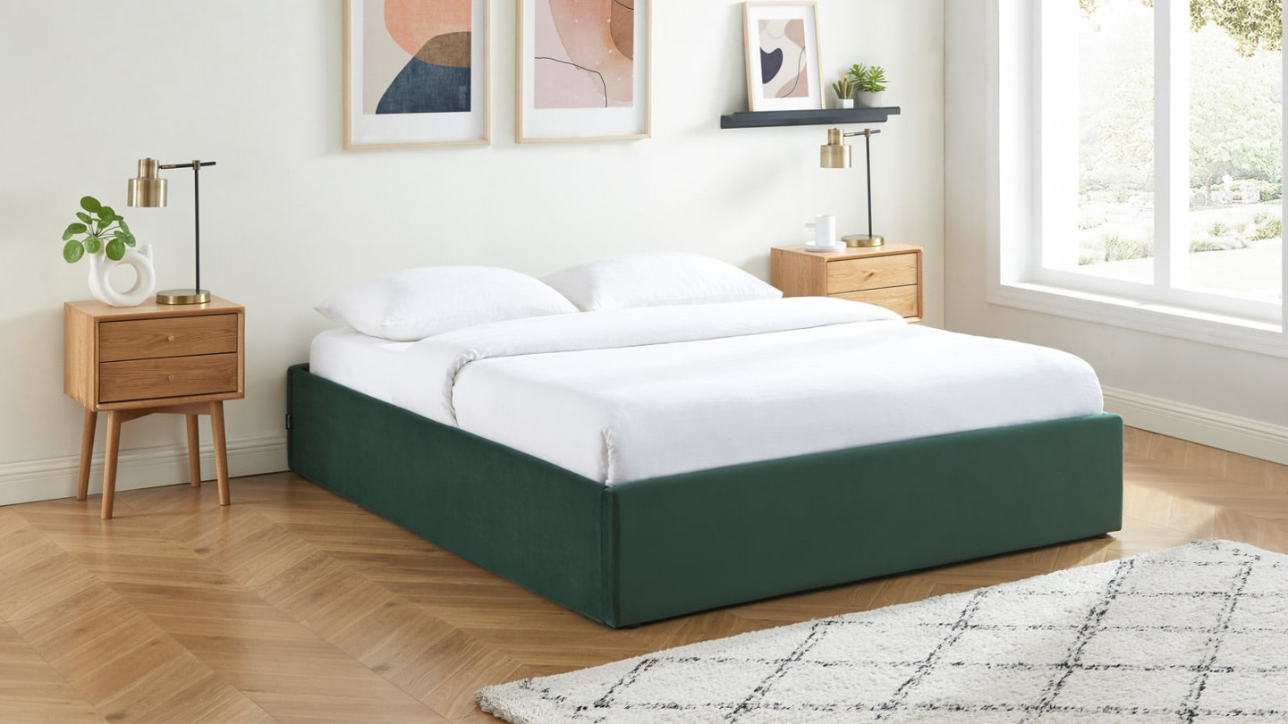 Lit coffre 140x190cm en velours vert + sommier à lattes - Handy