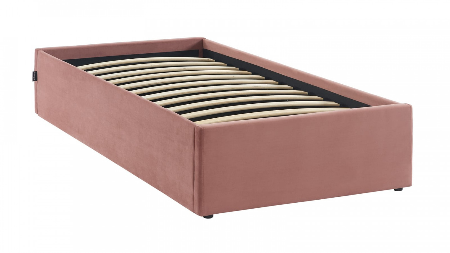 Lit coffre 90x190cm en velours rose + sommier à lattes - Handy