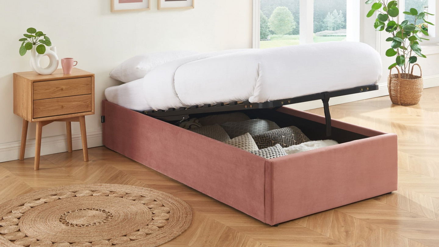 Lit coffre 90x190cm en velours rose + sommier à lattes - Handy