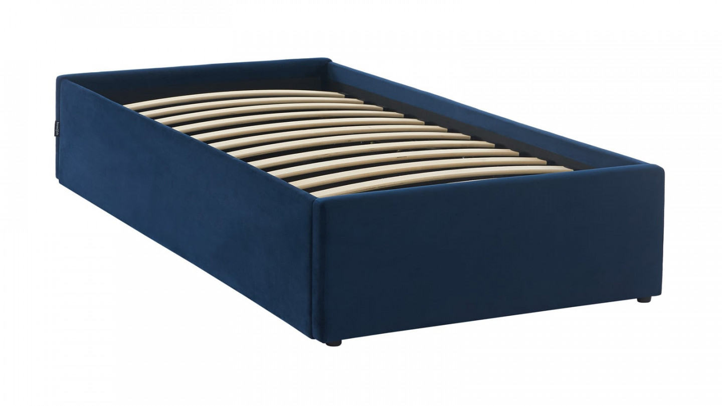 Lit coffre 90x190cm en velours bleu foncé + sommier à lattes - Handy