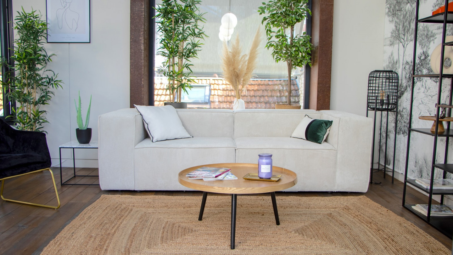 Canapé modulable 3 places en velours côtelé beige - Fabriqué en France - Roma
