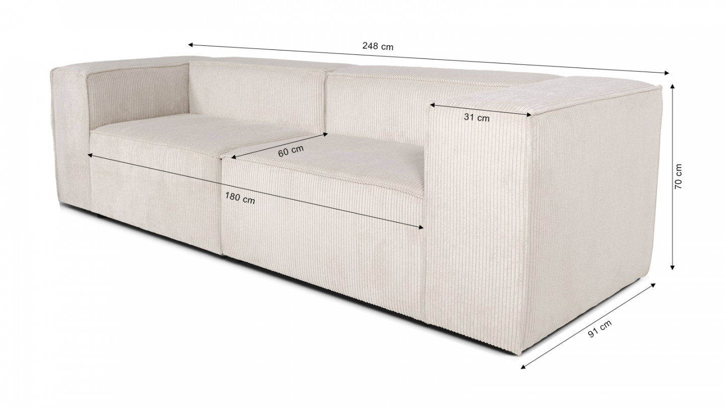 Canapé modulable 3 places en velours côtelé beige - Fabriqué en France - Roma