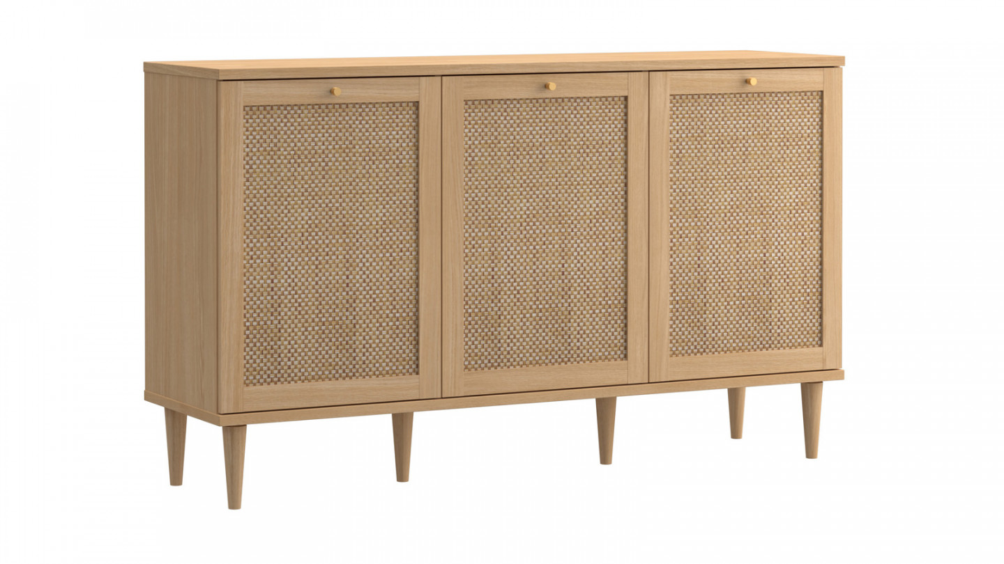 Buffet en cannage et effet chêne 3 portes 150 cm - Luisa
