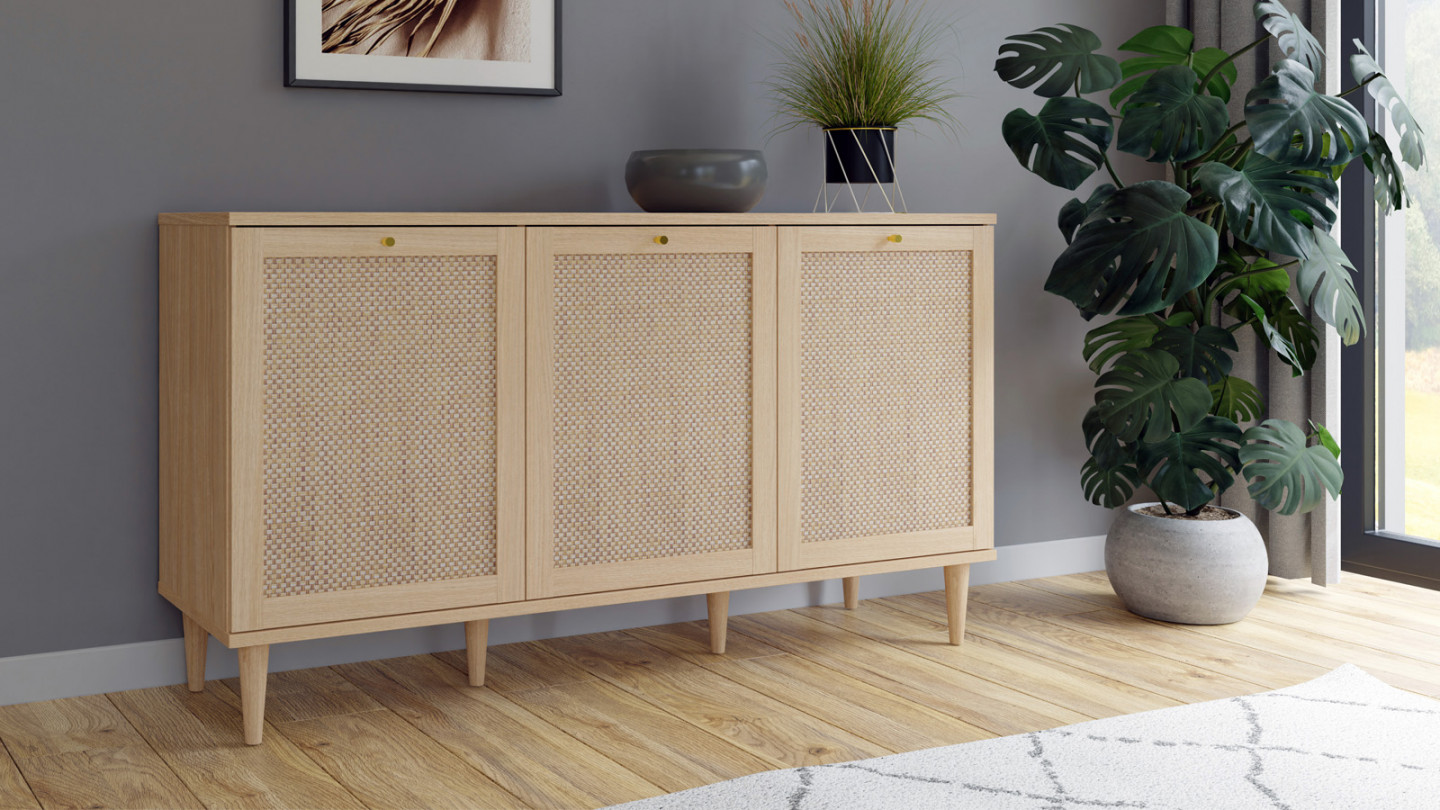Buffet en cannage et effet chêne 3 portes 150 cm - Luisa