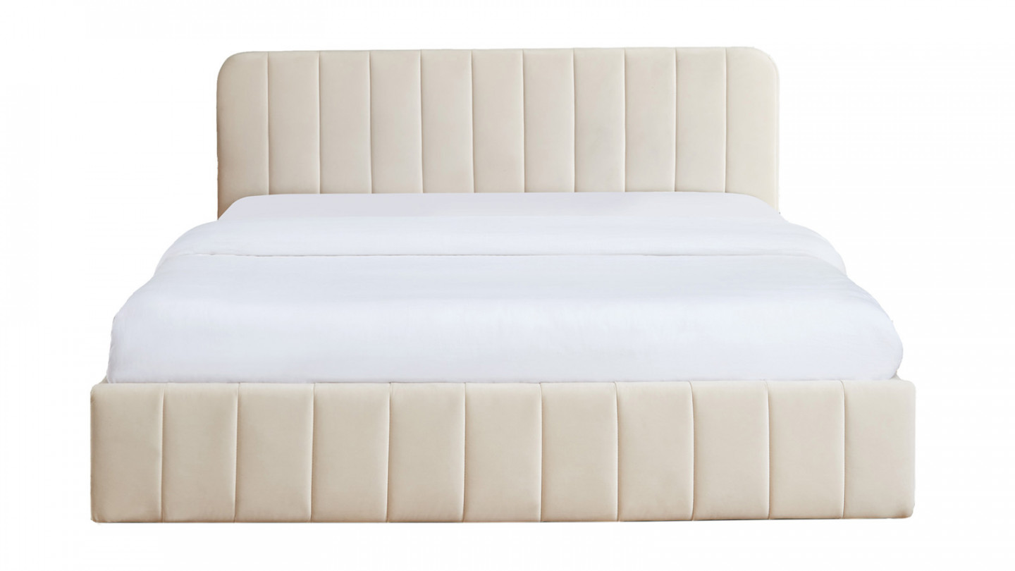 HOMIFAB Lit coffre 180x200 en velours beige avec tête de lit + sommier à lattes - Ava