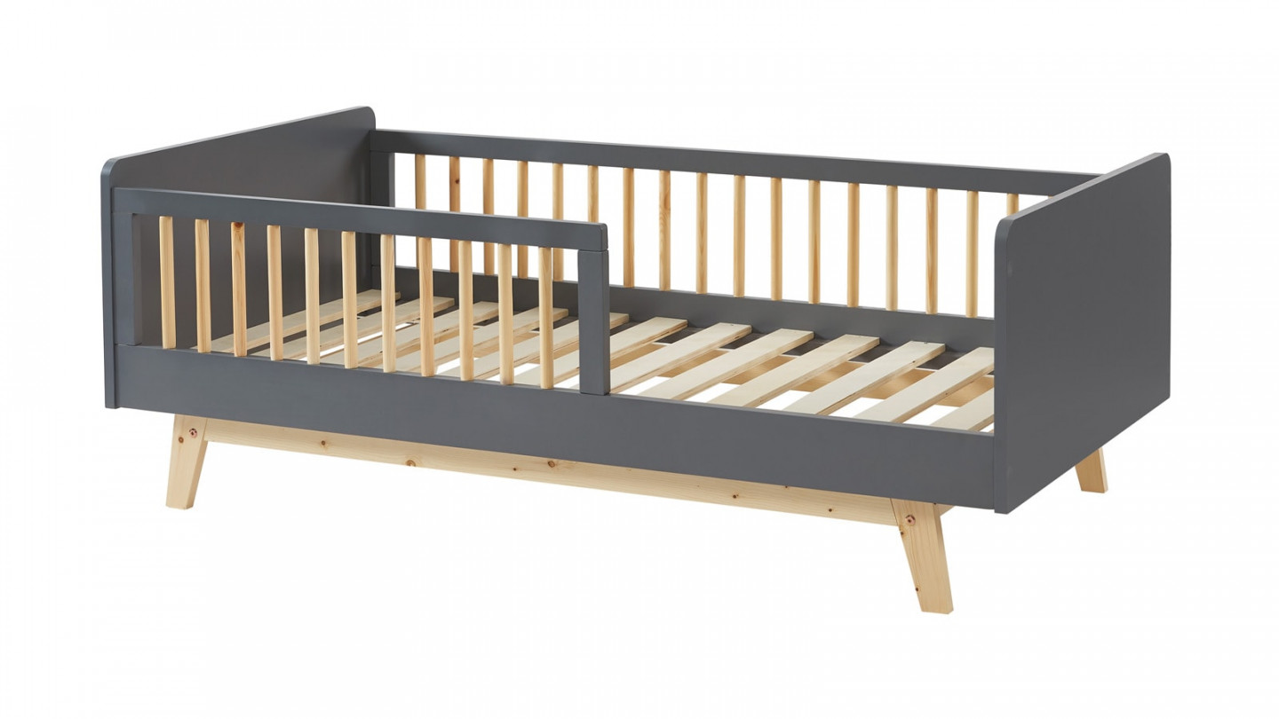Lit enfant 70x140 en pin massif gris anthracite avec sommier - Alba