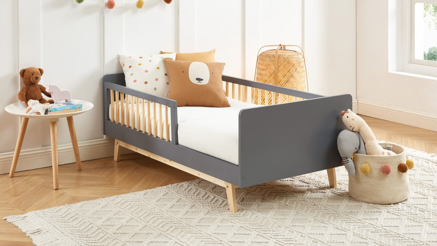 Lit enfant 70x140 en pin massif gris anthracite avec sommier - Alba