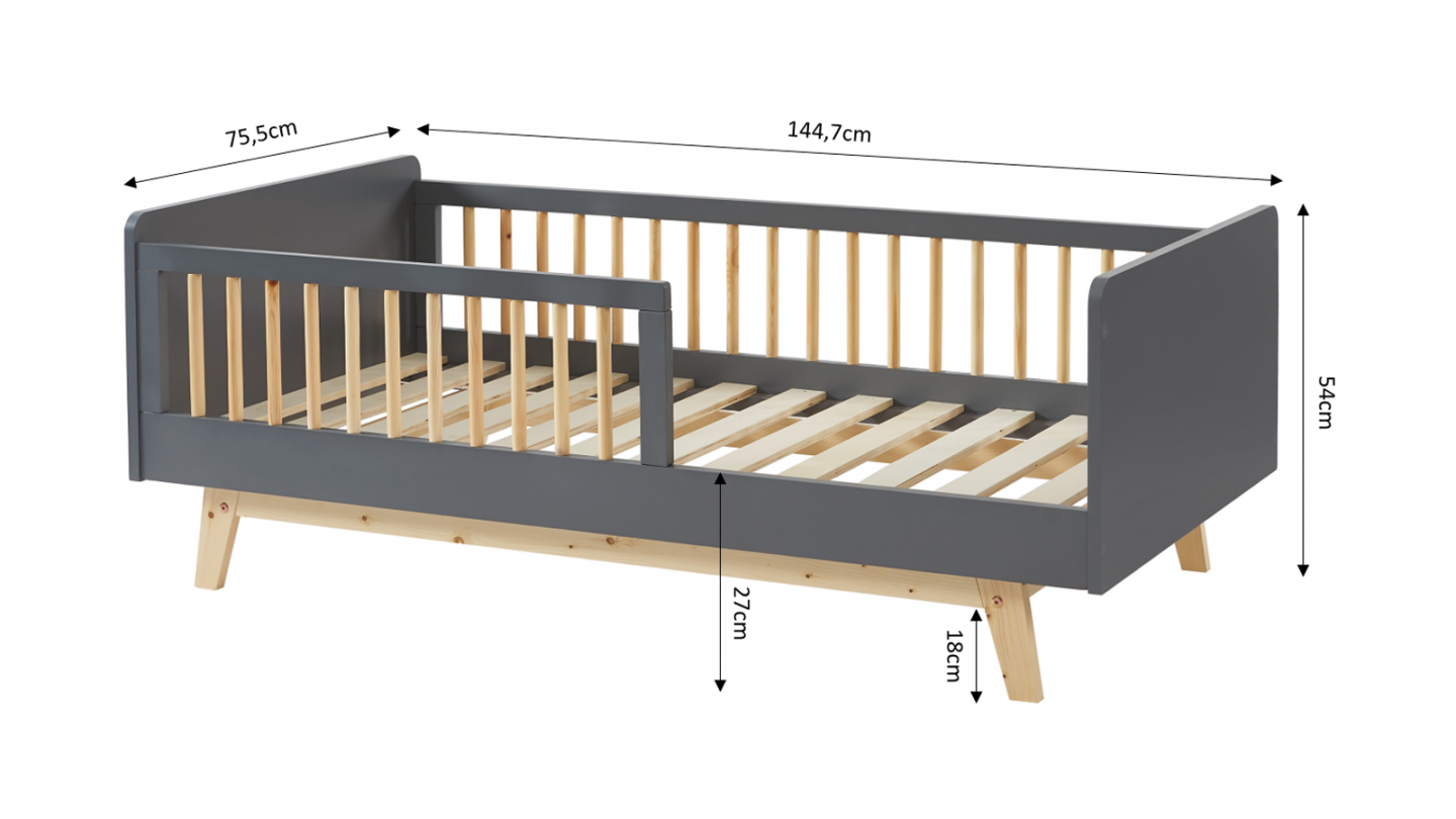 Lit enfant 70x140 en pin massif gris anthracite avec sommier - Alba