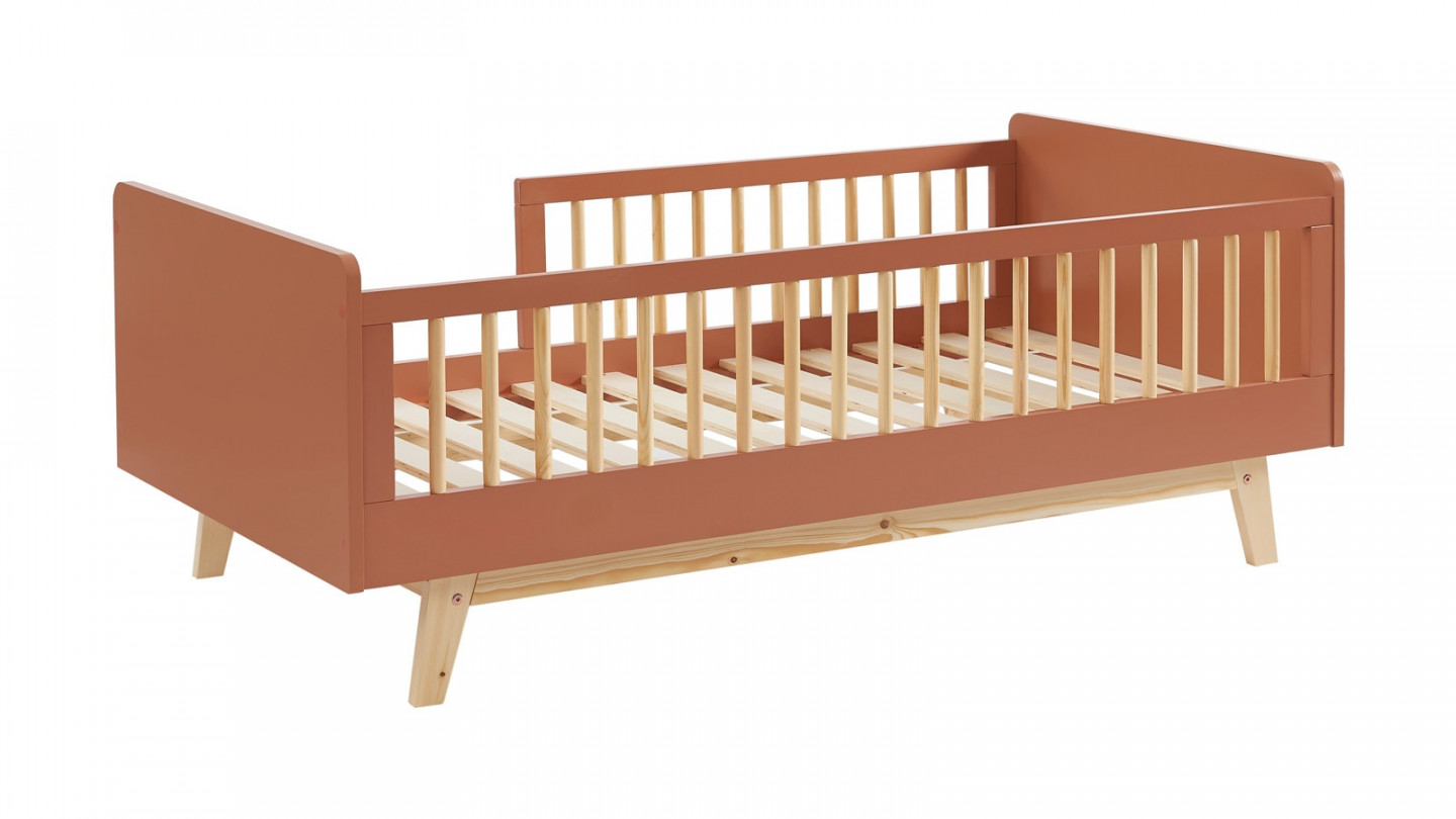 Lit enfant 70x140 en pin massif terracotta avec sommier - Alba