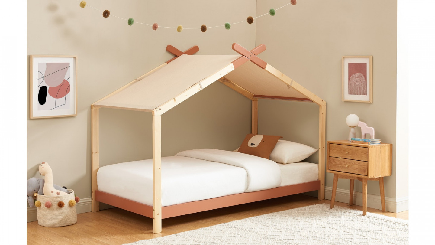 Lit cabane 90x190 en pin massif terracotta avec sommier - Charly