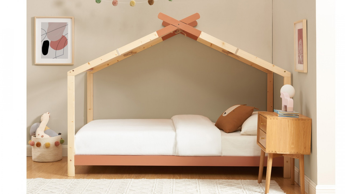 Lit cabane 90x190 en pin massif terracotta avec sommier - Charly - Homifab