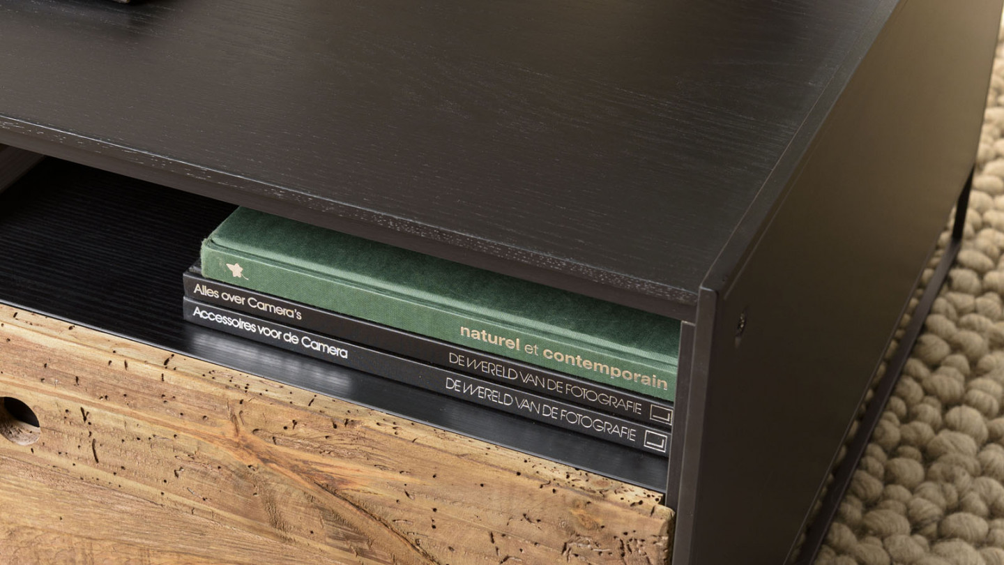 Table basse noire 80x80cm 1 tiroir bois Pin recyclé et métal - Dandy