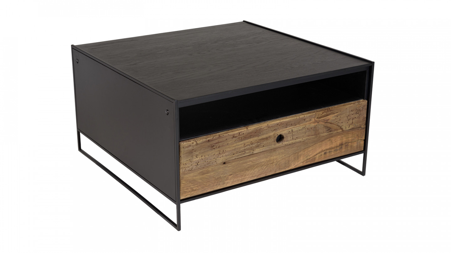 Table basse noire 80x80cm 1 tiroir bois Pin recyclé et métal - Dandy