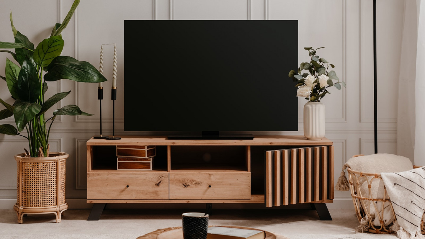 Meuble TV 1 porte 2 tiroirs effet chêne, piétement noir 138 cm - Flavia
