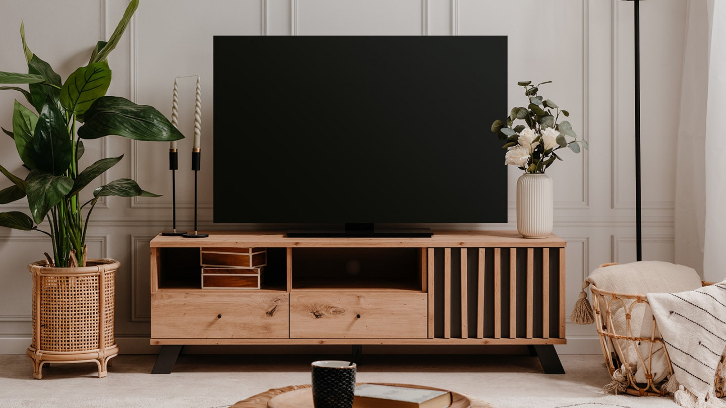 Meuble TV 1 porte 2 tiroirs effet chêne, piétement noir 138 cm - Flavia
