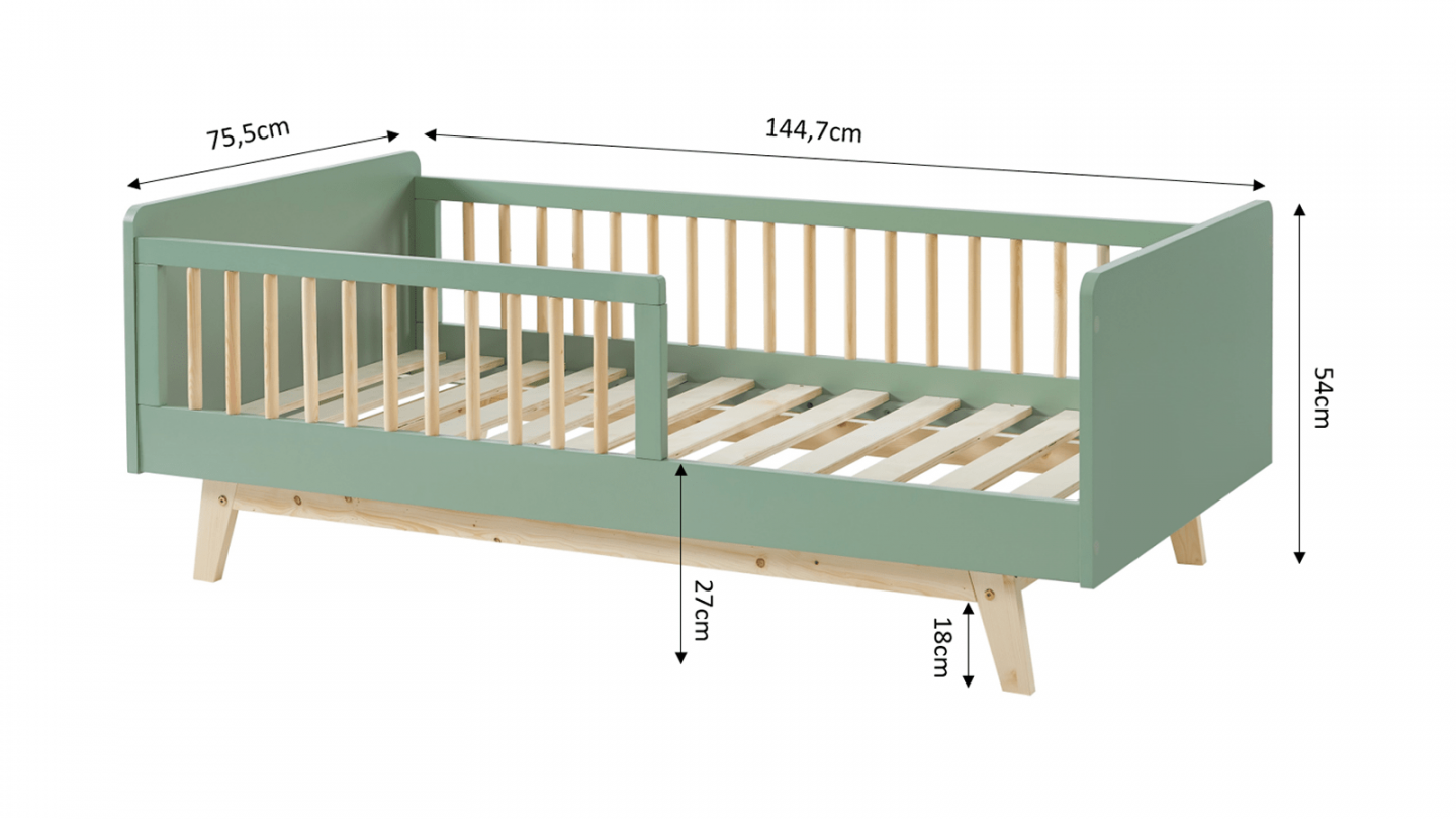 Lit enfant 70x140 en pin massif vert avec sommier - Alba