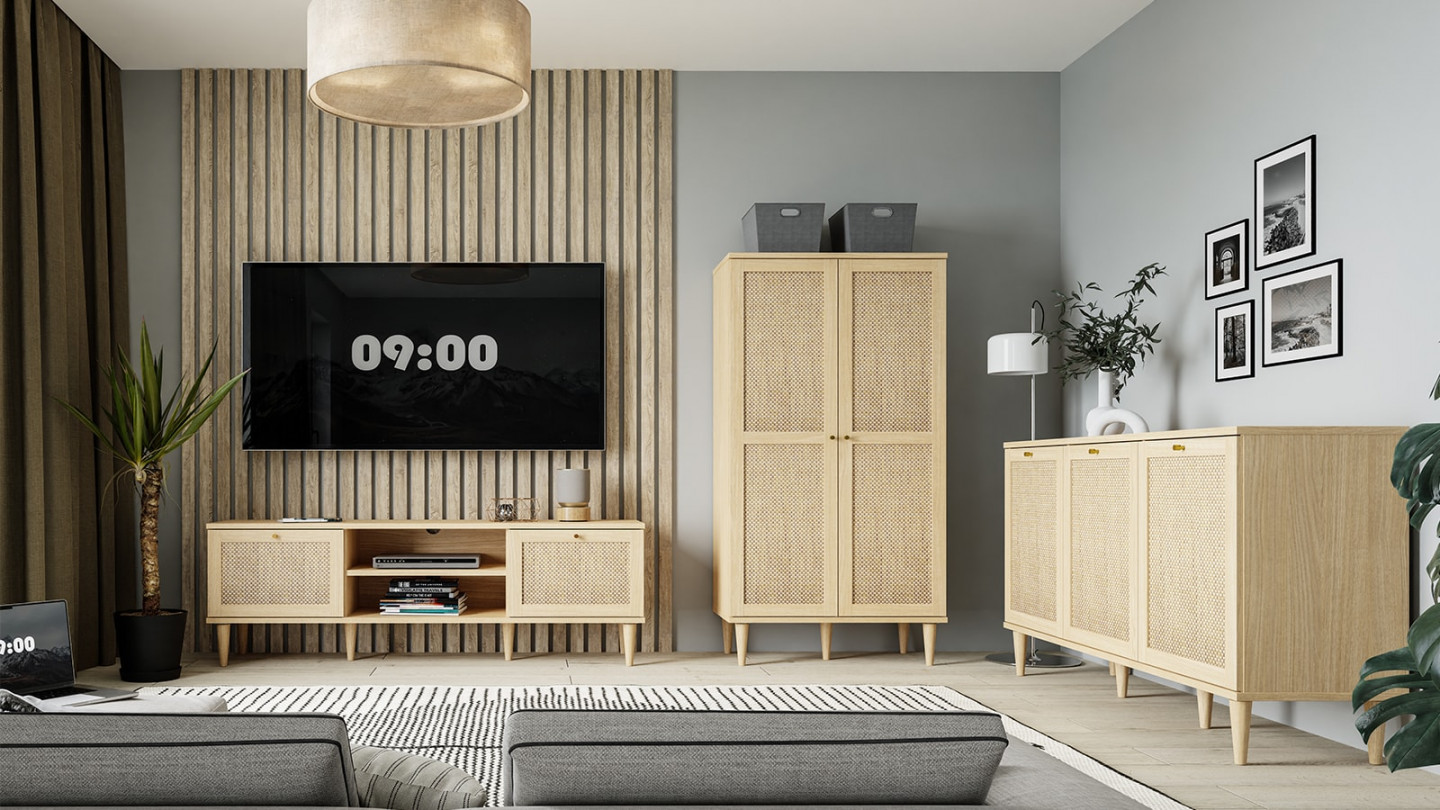 Buffet en cannage et effet chêne 3 portes 150 cm - Luisa