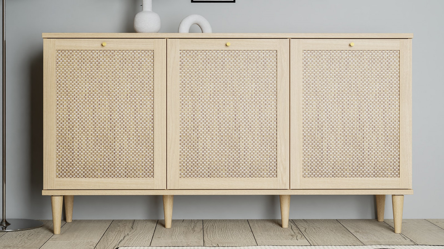 Buffet en cannage et effet chêne 3 portes 150 cm - Luisa