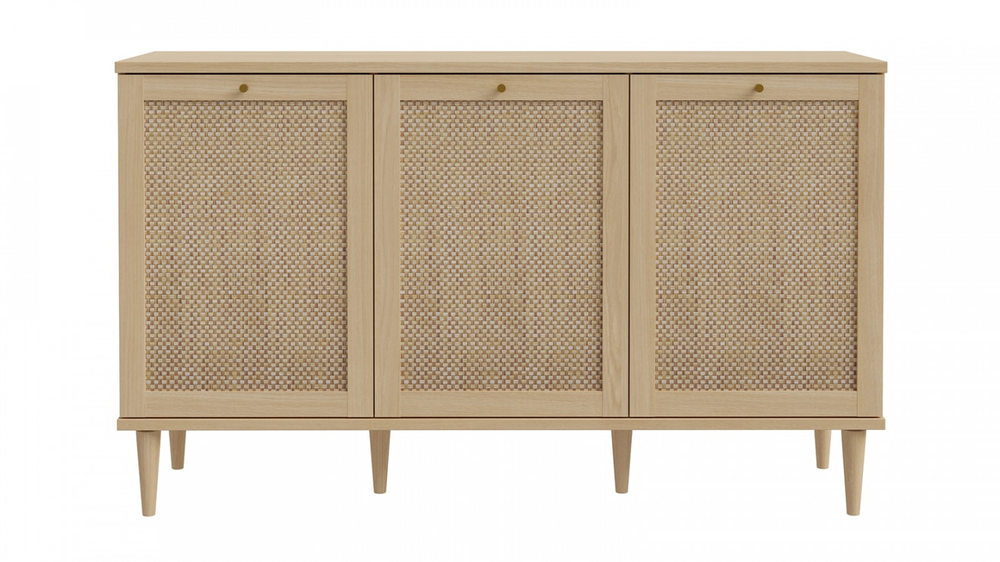 Buffet en cannage et effet chêne 3 portes 150 cm - Luisa