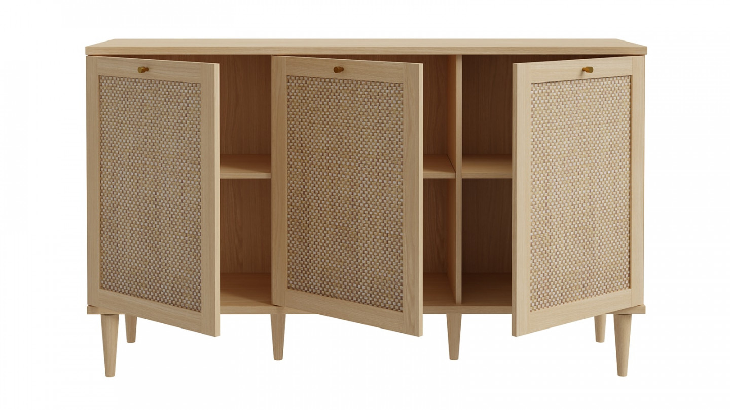 Buffet en cannage et effet chêne 3 portes 150 cm - Luisa
