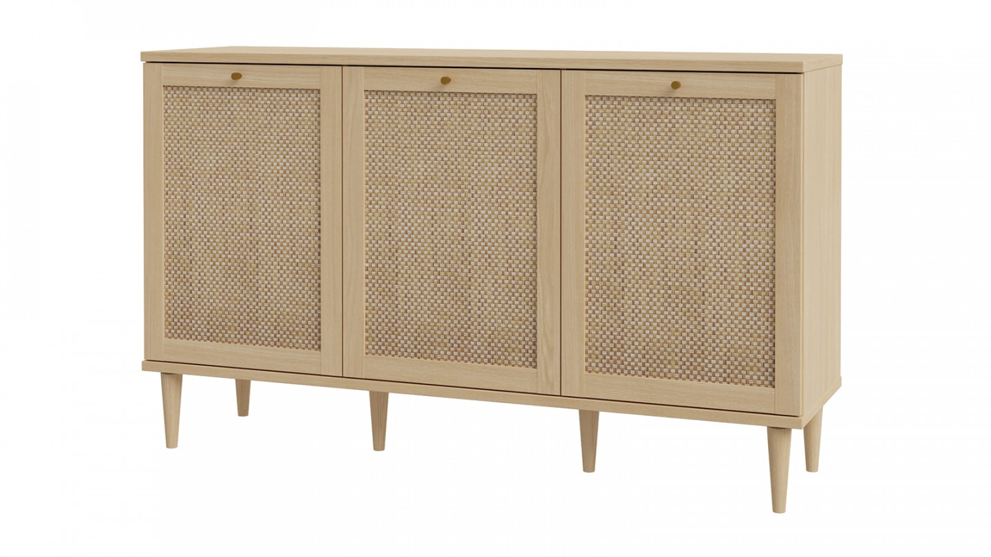 Buffet en cannage et effet chêne 3 portes 150 cm - Luisa