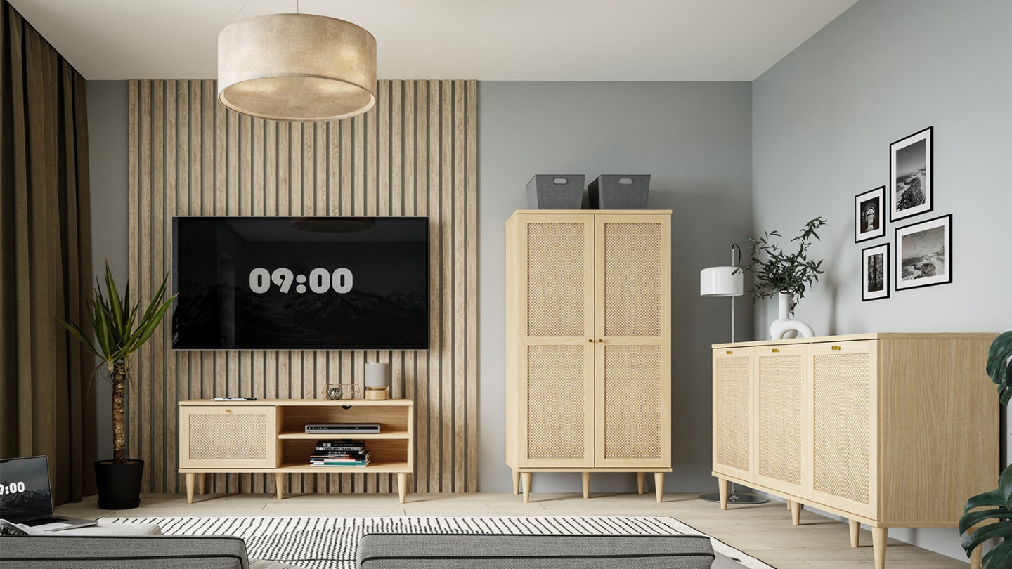 Buffet haut en cannage et effet chêne 80 cm - Luisa