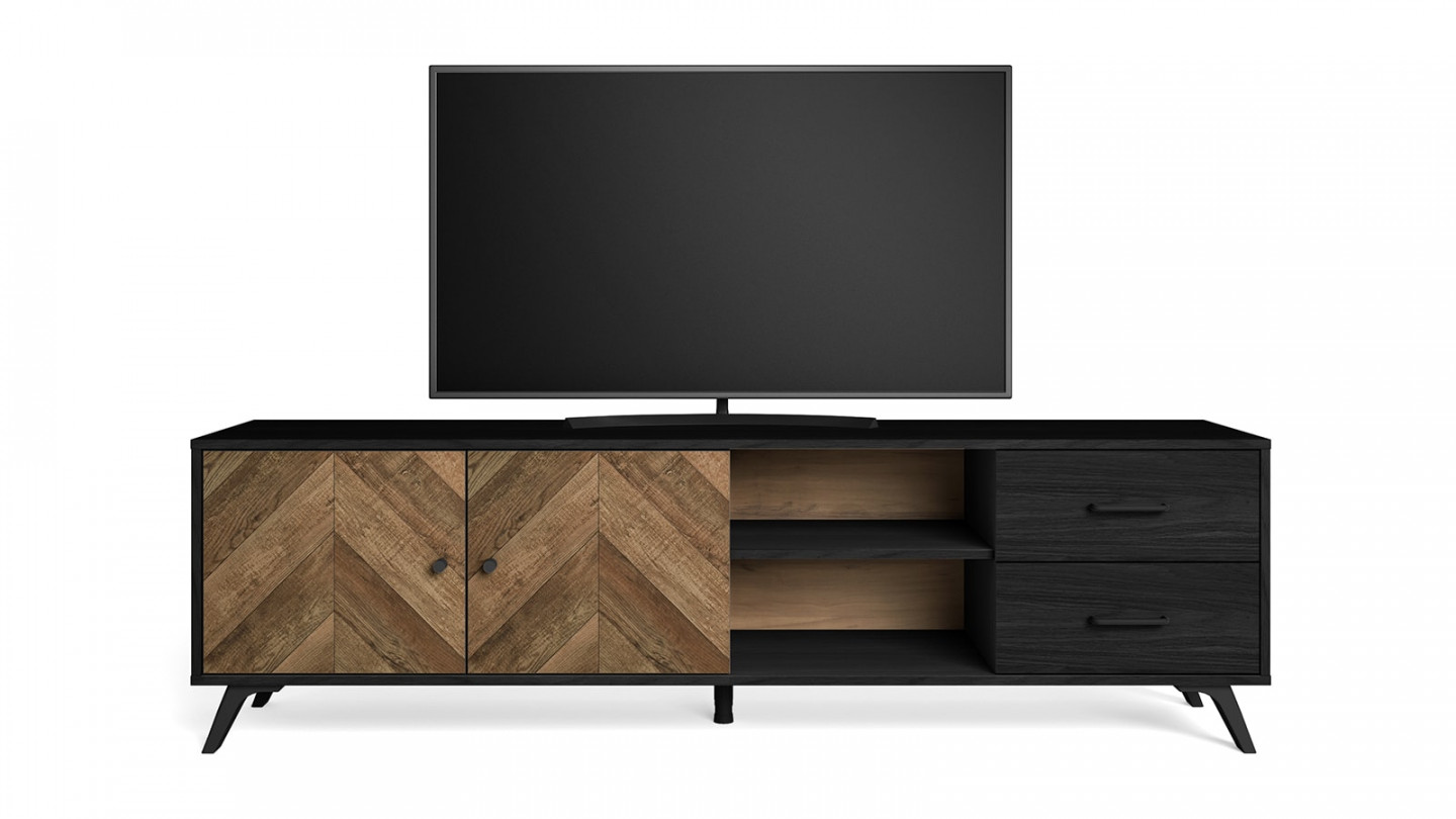 Meuble TV 2 portes 2 tiroirs effet bois à chevrons / noir 180 cm - Dario