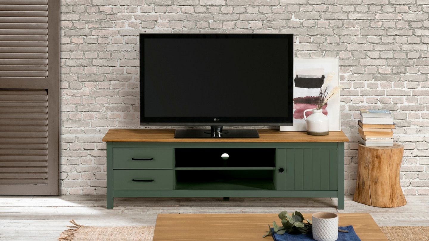 Meuble TV 1 porte 2 tiroirs bois ciré / vert 158 cm - Ida