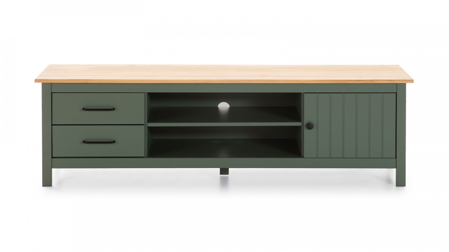 Meuble TV 1 porte 2 tiroirs en pin massif vert 158 cm - Ida - Homifab