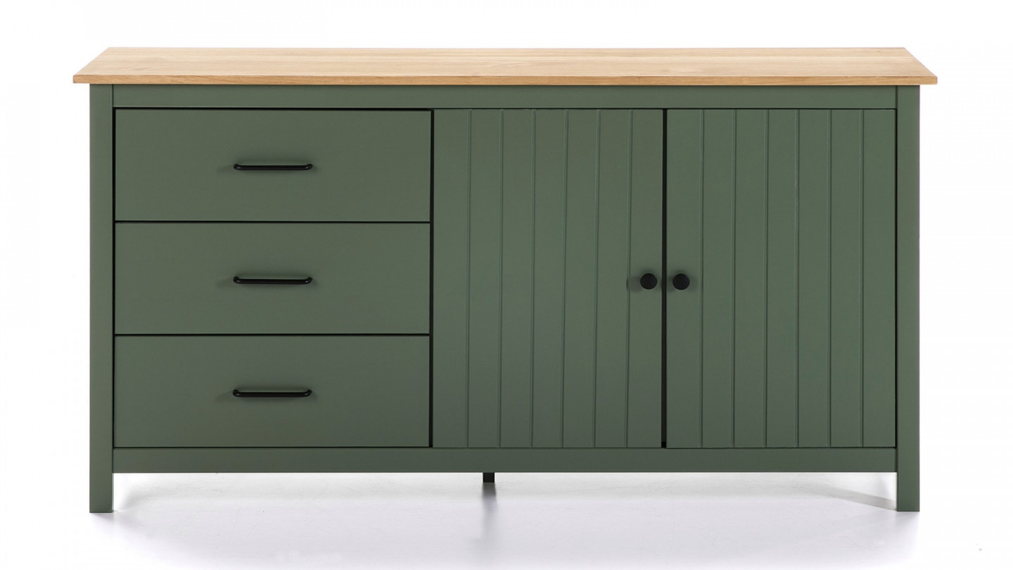 Buffet 2 portes 3 tiroirs bois ciré / vert 150 cm - Ida