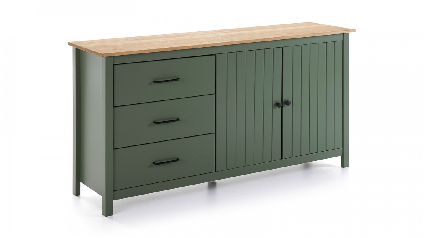 Buffet 2 portes 3 tiroirs bois ciré / vert 150 cm - Ida