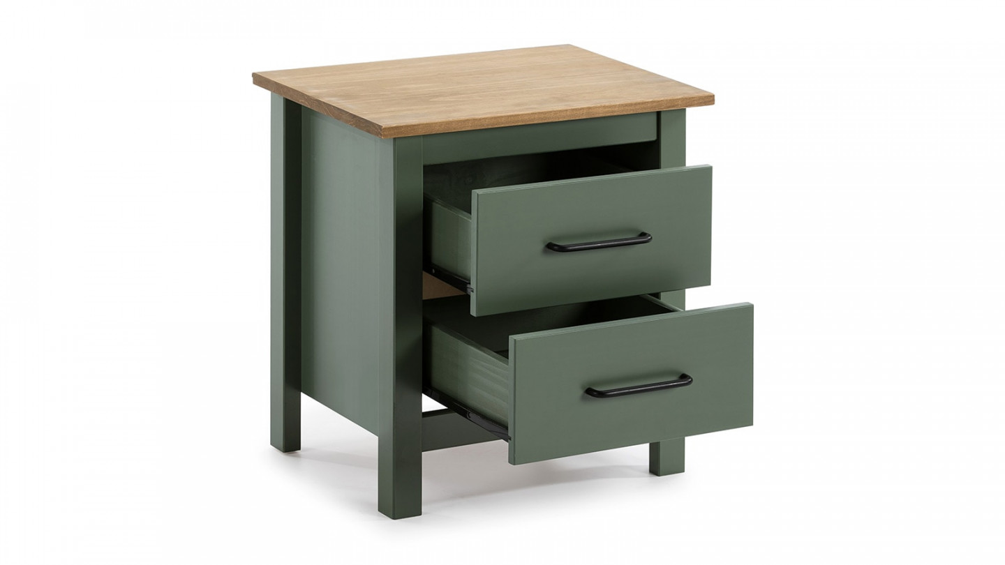 Table de chevet 2 tiroirs bois ciré / vert - Ida