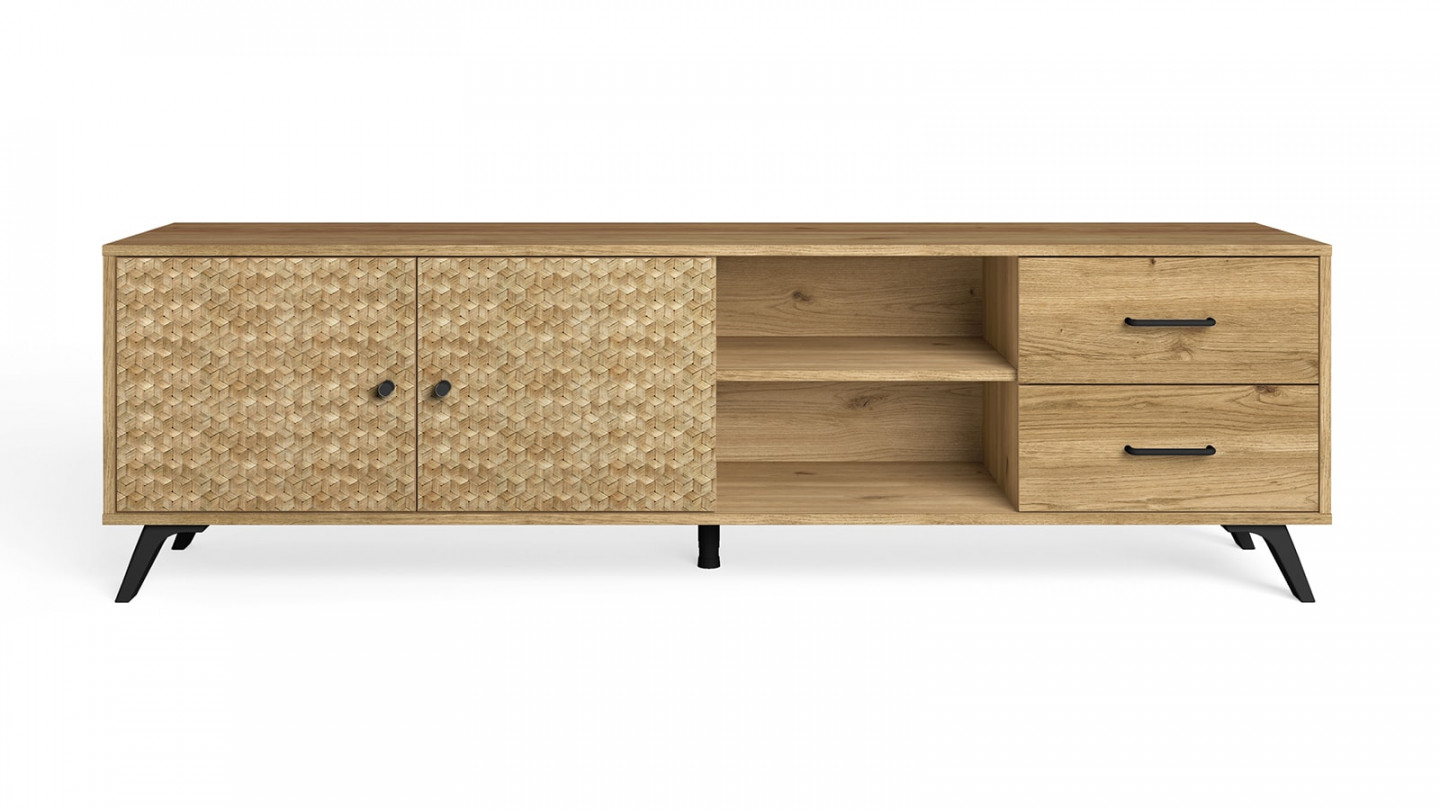 Meuble TV 2 portes 2 tiroirs effet chêne naturel / motifs cubiques 180 cm - Liam