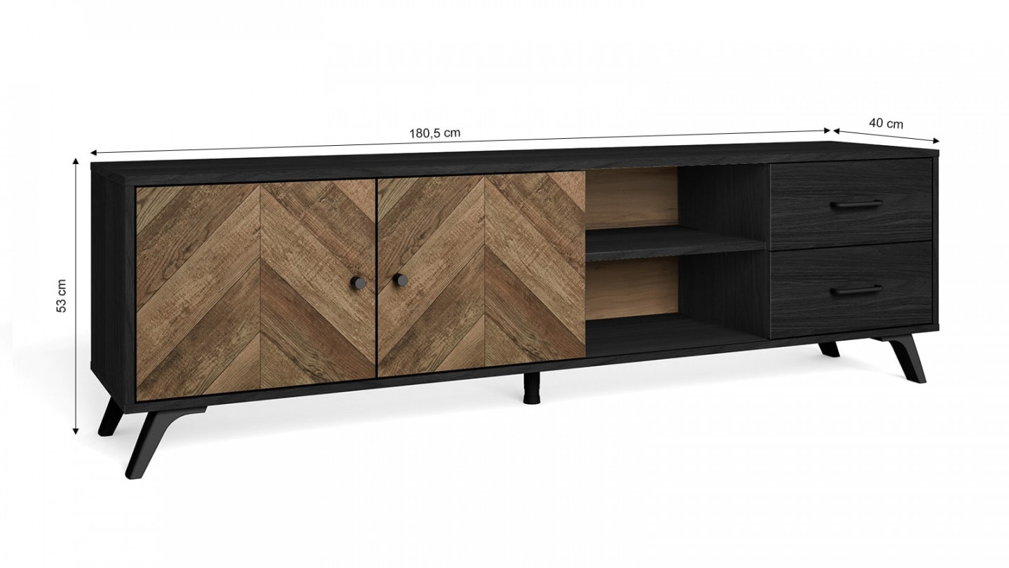 Meuble TV 2 portes 2 tiroirs effet bois à chevrons / noir 180 cm - Dario