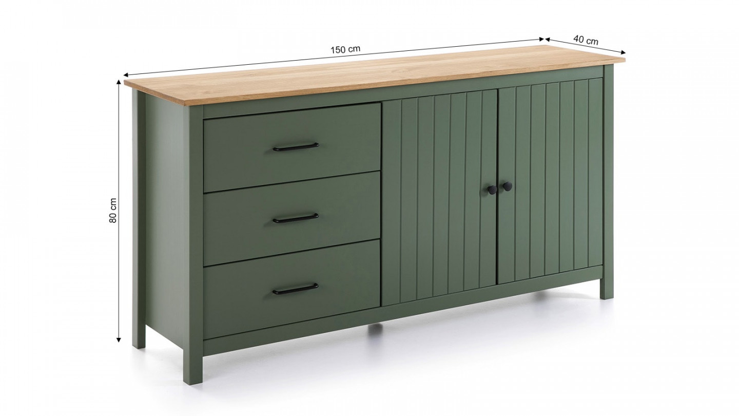 Buffet 2 portes 3 tiroirs bois ciré / vert 150 cm - Ida