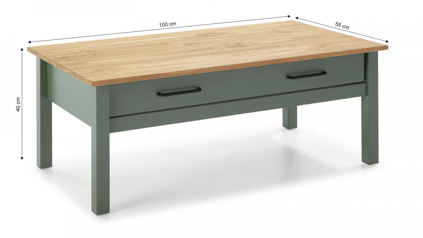 Table basse 1 tiroir effet bois ciré / vert 100 cm - Ida